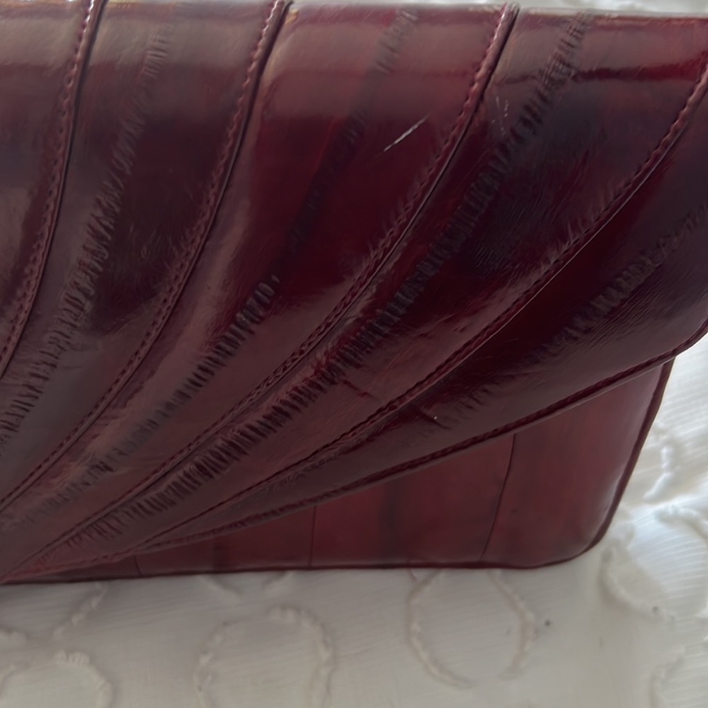 Vintage 70s RARE Eel Skin Leather Maroon Shoulder Bag Purse - Picture 7 of 7